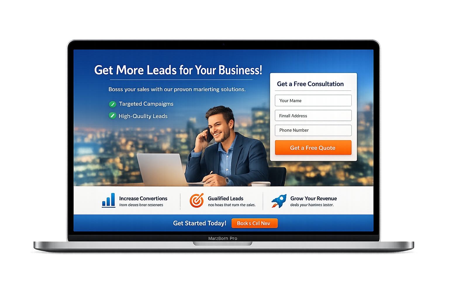 lead gen website mockup on a macbook pro screen with a transparent background behind the macbook